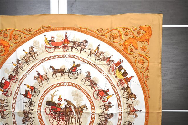 Authentic HERMES Carre 90 Scarf "LA Promenade De Longchamps" Silk Brown 6229E
