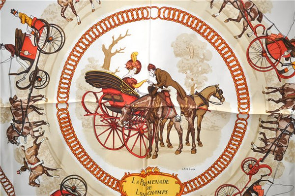 Authentic HERMES Carre 90 Scarf "LA Promenade De Longchamps" Silk Brown 6229E