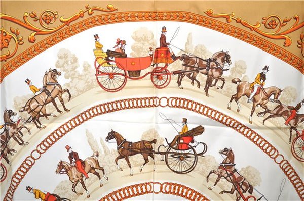 Authentic HERMES Carre 90 Scarf "LA Promenade De Longchamps" Silk Brown 6229E