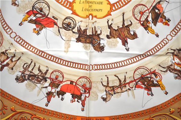 Authentic HERMES Carre 90 Scarf "LA Promenade De Longchamps" Silk Brown 6229E