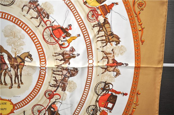 Authentic HERMES Carre 90 Scarf "LA Promenade De Longchamps" Silk Brown 6229E