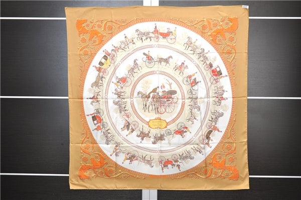 Authentic HERMES Carre 90 Scarf "LA Promenade De Longchamps" Silk Brown 6229E