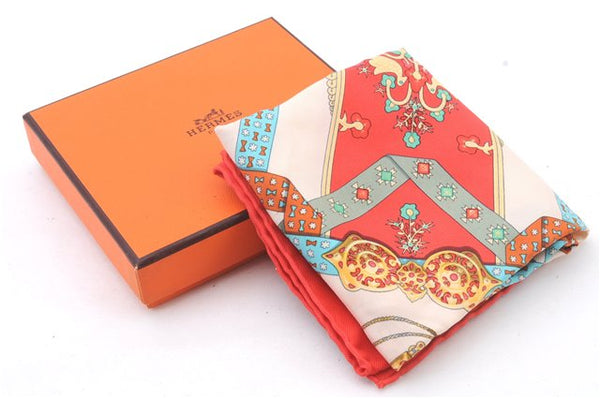 Auth HERMES Petit Carre 40 Scarf Handkerchief "Brins d'or" Silk Red Box 6230C