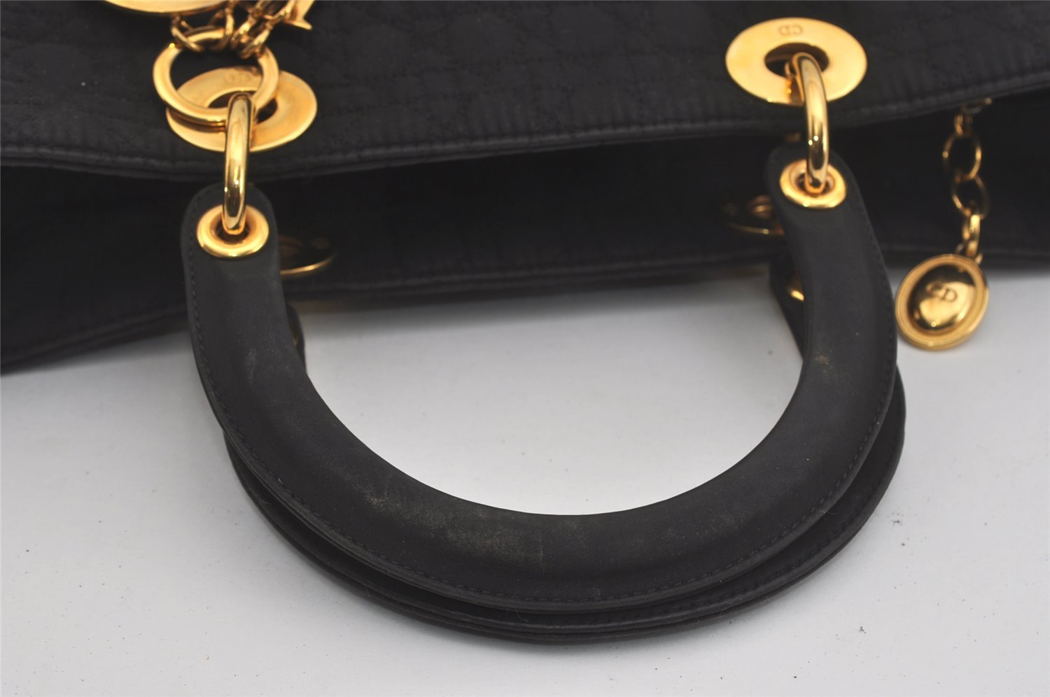Authentic Christian Dior Lady Dior Cannage Nylon Hand Bag Black CD Junk 6231I