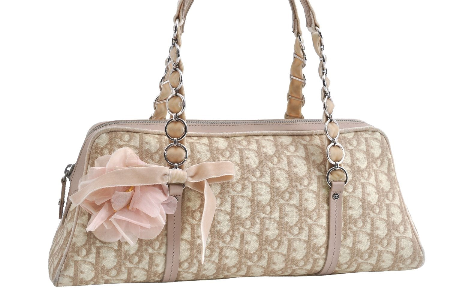 Authentic Christian Dior Trotter Romantic Hand Bag PVC Suede Leather Beige 6240I