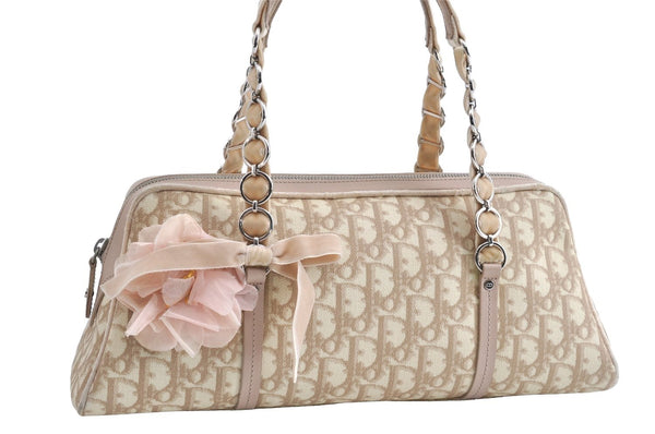Authentic Christian Dior Trotter Romantic Hand Bag PVC Suede Leather Beige 6240I