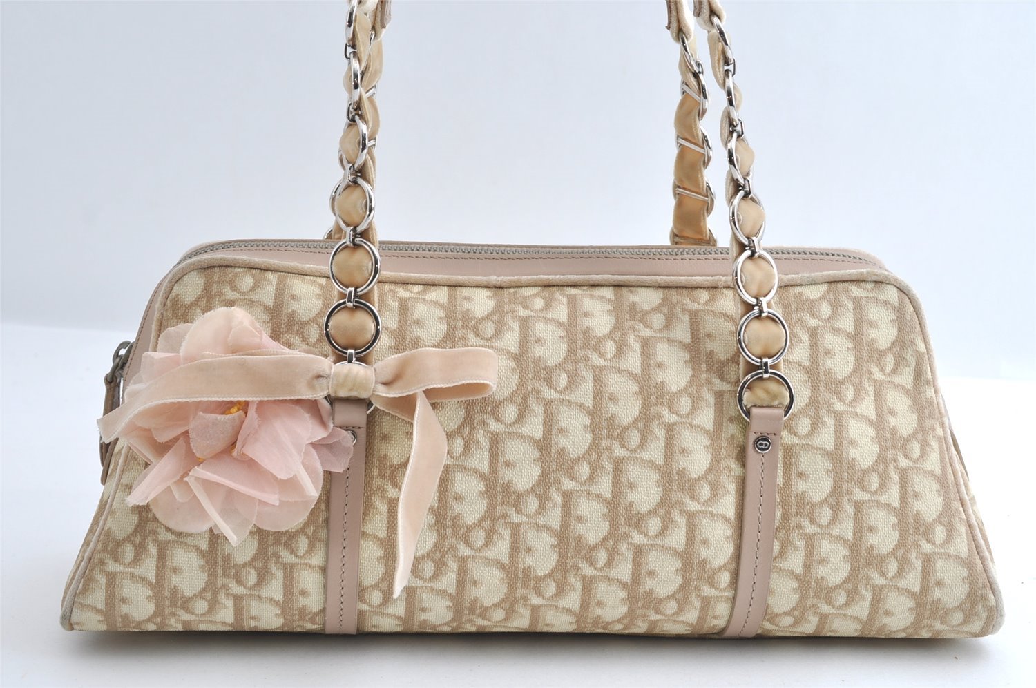 Authentic Christian Dior Trotter Romantic Hand Bag PVC Suede Leather Beige 6240I
