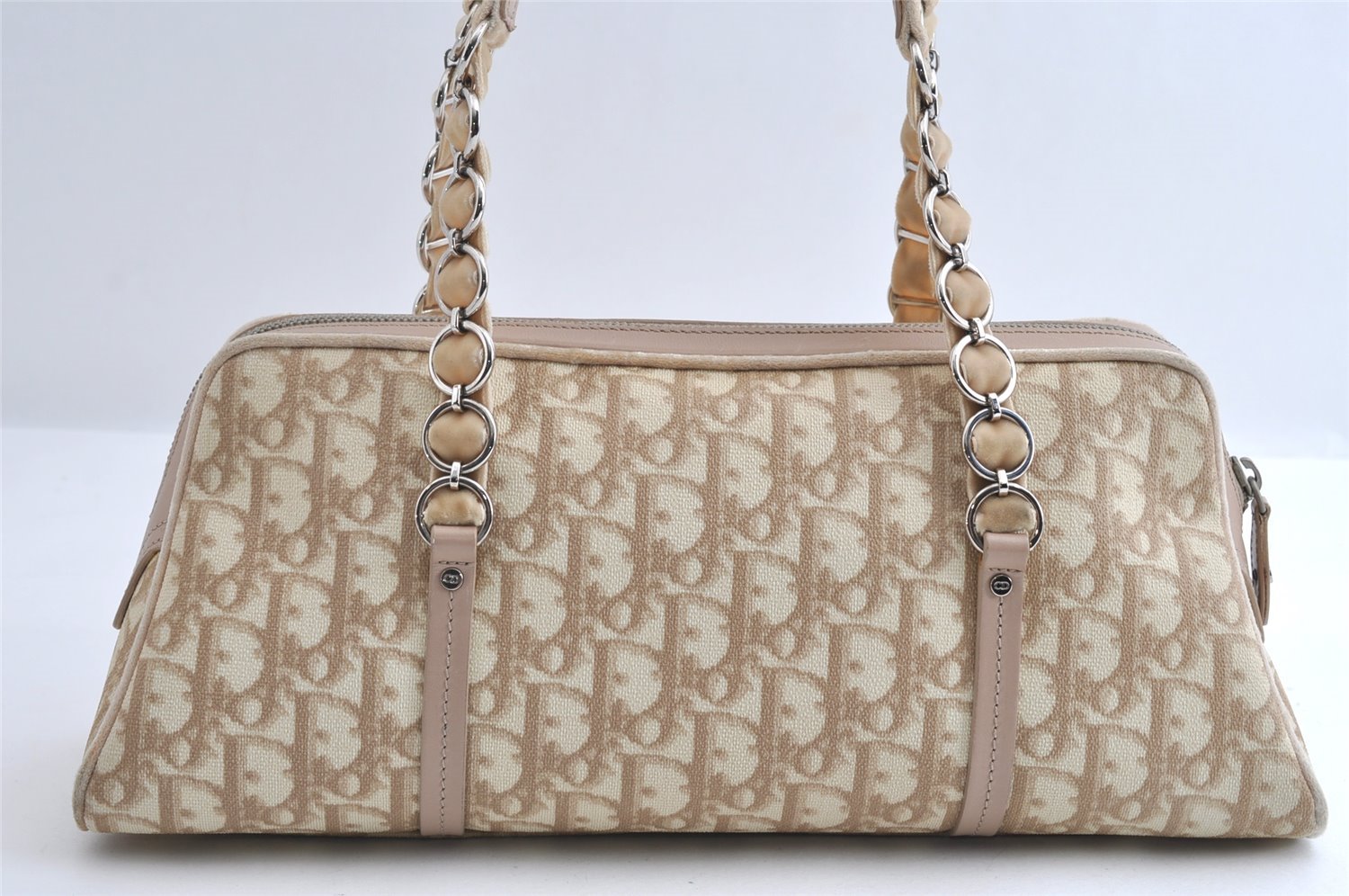 Authentic Christian Dior Trotter Romantic Hand Bag PVC Suede Leather Beige 6240I