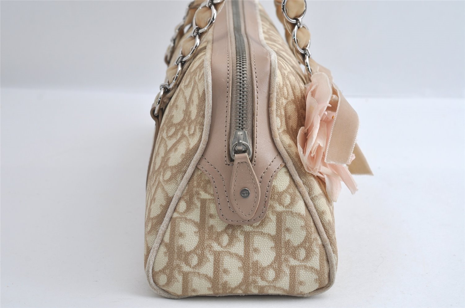 Authentic Christian Dior Trotter Romantic Hand Bag PVC Suede Leather Beige 6240I