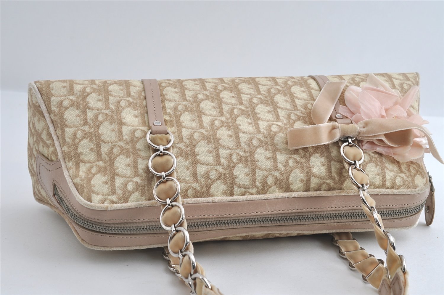 Authentic Christian Dior Trotter Romantic Hand Bag PVC Suede Leather Beige 6240I