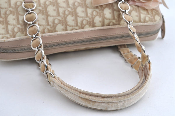 Authentic Christian Dior Trotter Romantic Hand Bag PVC Suede Leather Beige 6240I