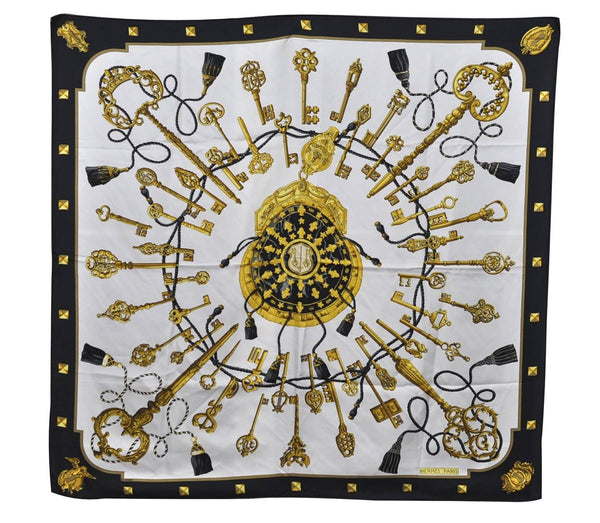 Authentic HERMES Carre 90 Scarf Key Tassel Motif Silk Black 6249C