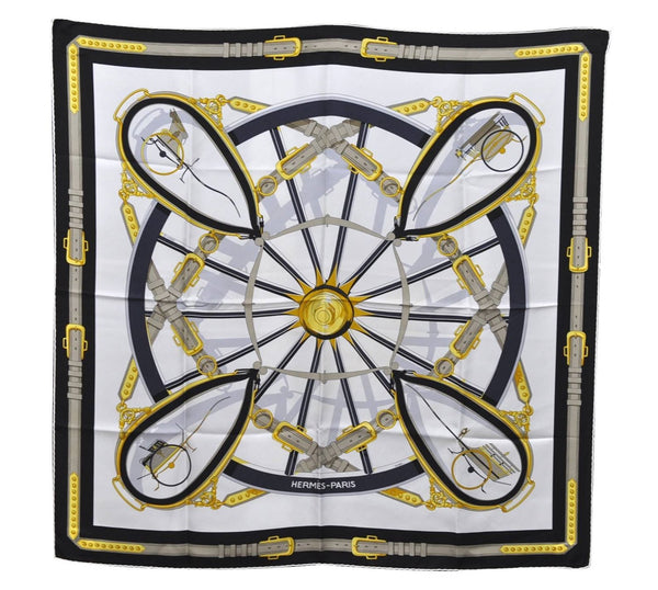 Authentic HERMES Carre 90 Scarf "En Roue Libre" Silk White Black 6250C