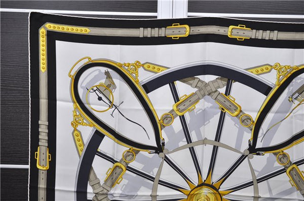 Authentic HERMES Carre 90 Scarf "En Roue Libre" Silk White Black 6250C