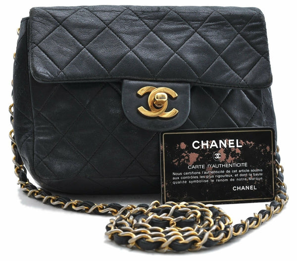 Authentic CHANEL Lamb Skin Matelasse Chain Shoulder Cross Body Bag Black 6251A