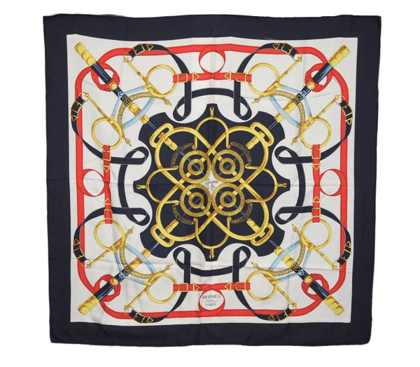 Authentic HERMES Carre 90 Scarf "Eperon d'or" Silk Navy 6251D