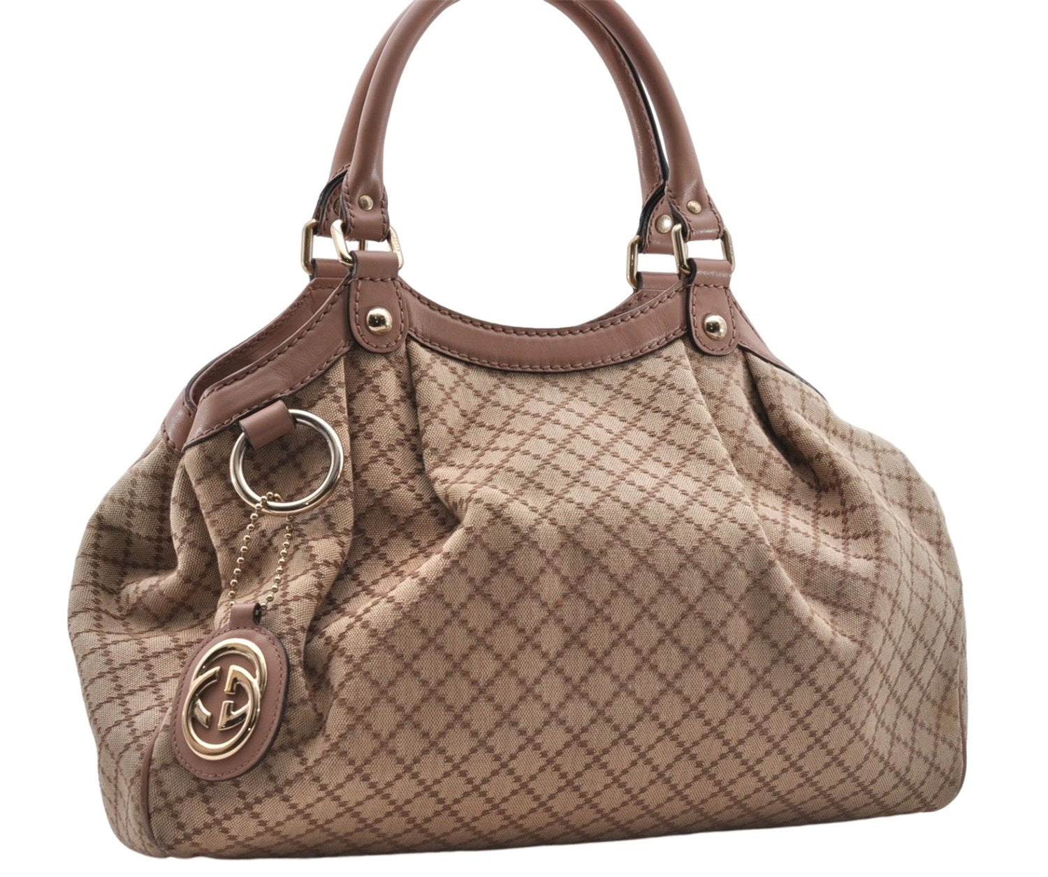 Auth GUCCI Sukey Diamante Shoulder Tote Bag Canvas Leather 211944 Beige 6257D