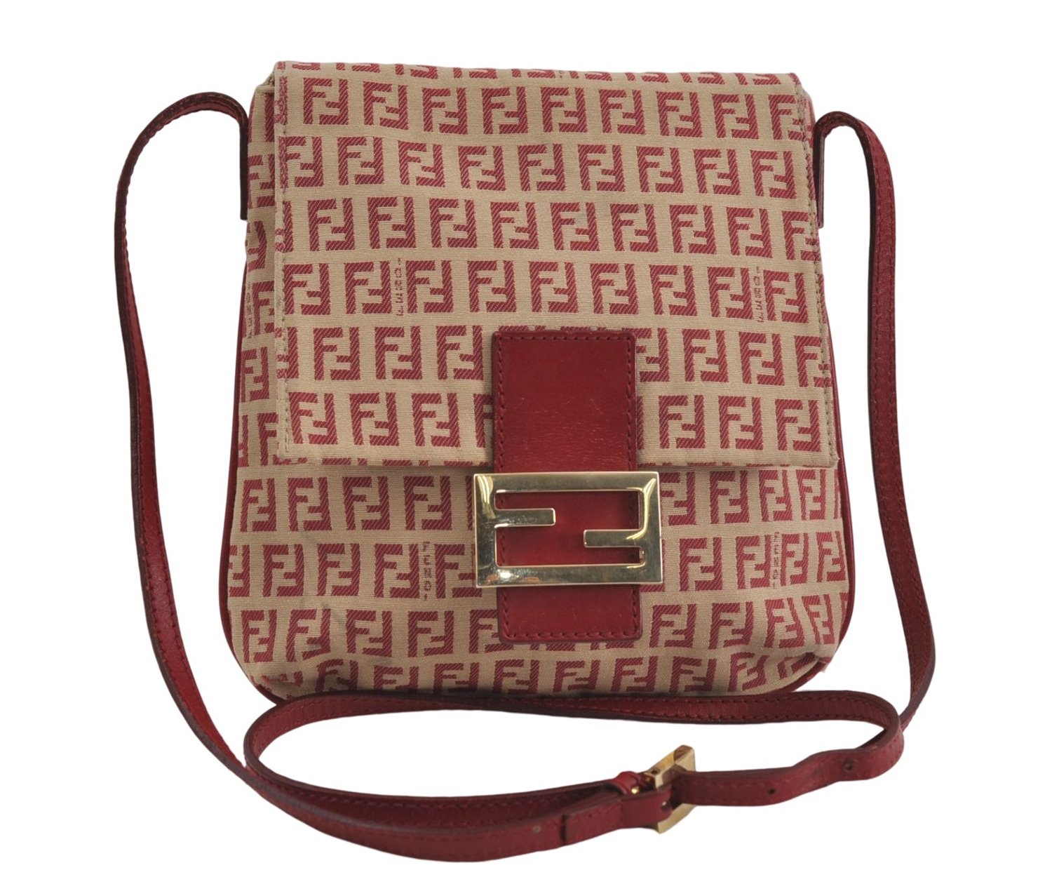 FENDI Zucchino Mamma Baguette Shoulder Cross Bag Canvas Leather Red Beige 6265D