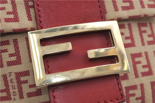 FENDI Zucchino Mamma Baguette Shoulder Cross Bag Canvas Leather Red Beige 6265D