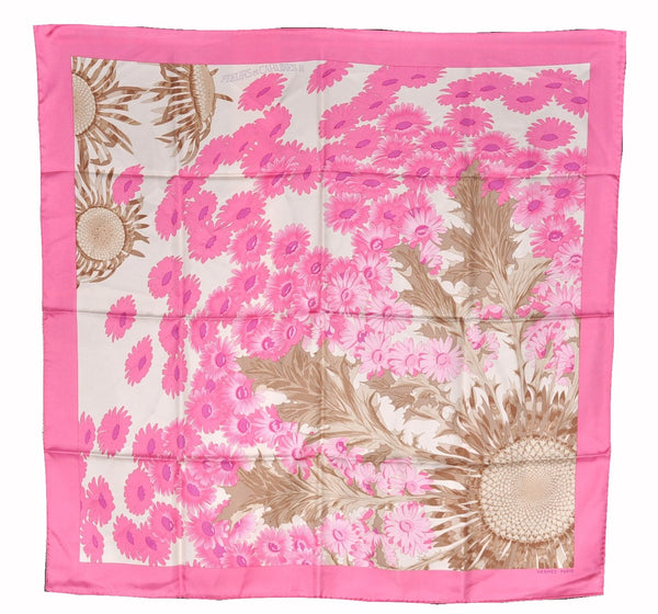 Authentic HERMES Carre 90 Scarf "FLEURS et CARLINES" Silk Pink Box 6267F