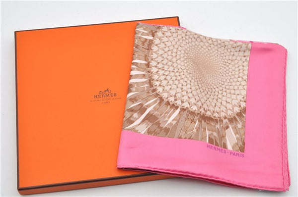 Authentic HERMES Carre 90 Scarf "FLEURS et CARLINES" Silk Pink Box 6267F