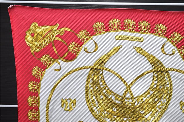 Authentic HERMES Pleats Scarf "LES CAVALIERS D'OR" Silk Red Box 6268D