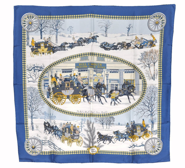 Authentic HERMES Carre 90 Scarf " l'Hiver en Poste" Silk Blue Box 6268F