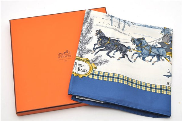 Authentic HERMES Carre 90 Scarf " l'Hiver en Poste" Silk Blue Box 6268F