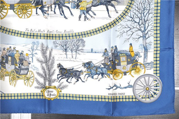 Authentic HERMES Carre 90 Scarf " l'Hiver en Poste" Silk Blue Box 6268F