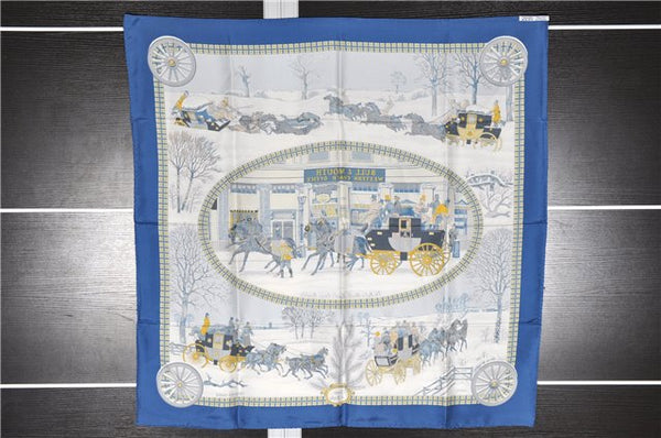 Authentic HERMES Carre 90 Scarf " l'Hiver en Poste" Silk Blue Box 6268F