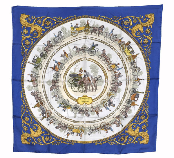 Authentic HERMES Carre 90 Scarf "LA PROMENADE DE LONGCHAMPS" Silk Blue 6271F