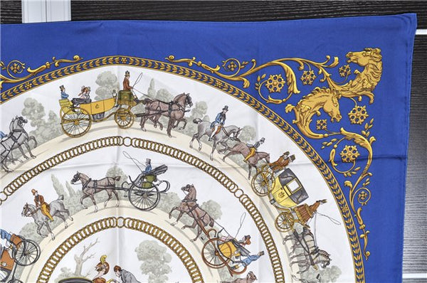 Authentic HERMES Carre 90 Scarf "LA PROMENADE DE LONGCHAMPS" Silk Blue 6271F