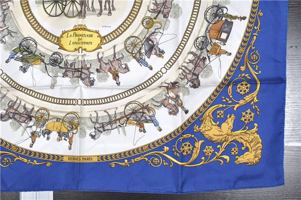 Authentic HERMES Carre 90 Scarf "LA PROMENADE DE LONGCHAMPS" Silk Blue 6271F