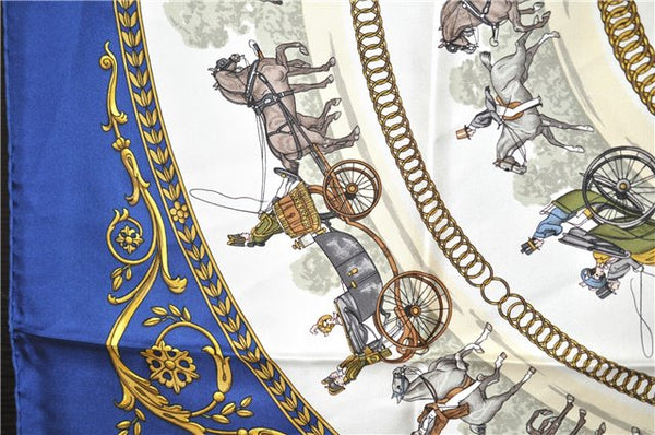 Authentic HERMES Carre 90 Scarf "LA PROMENADE DE LONGCHAMPS" Silk Blue 6271F