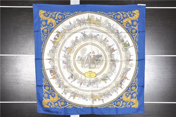 Authentic HERMES Carre 90 Scarf "LA PROMENADE DE LONGCHAMPS" Silk Blue 6271F