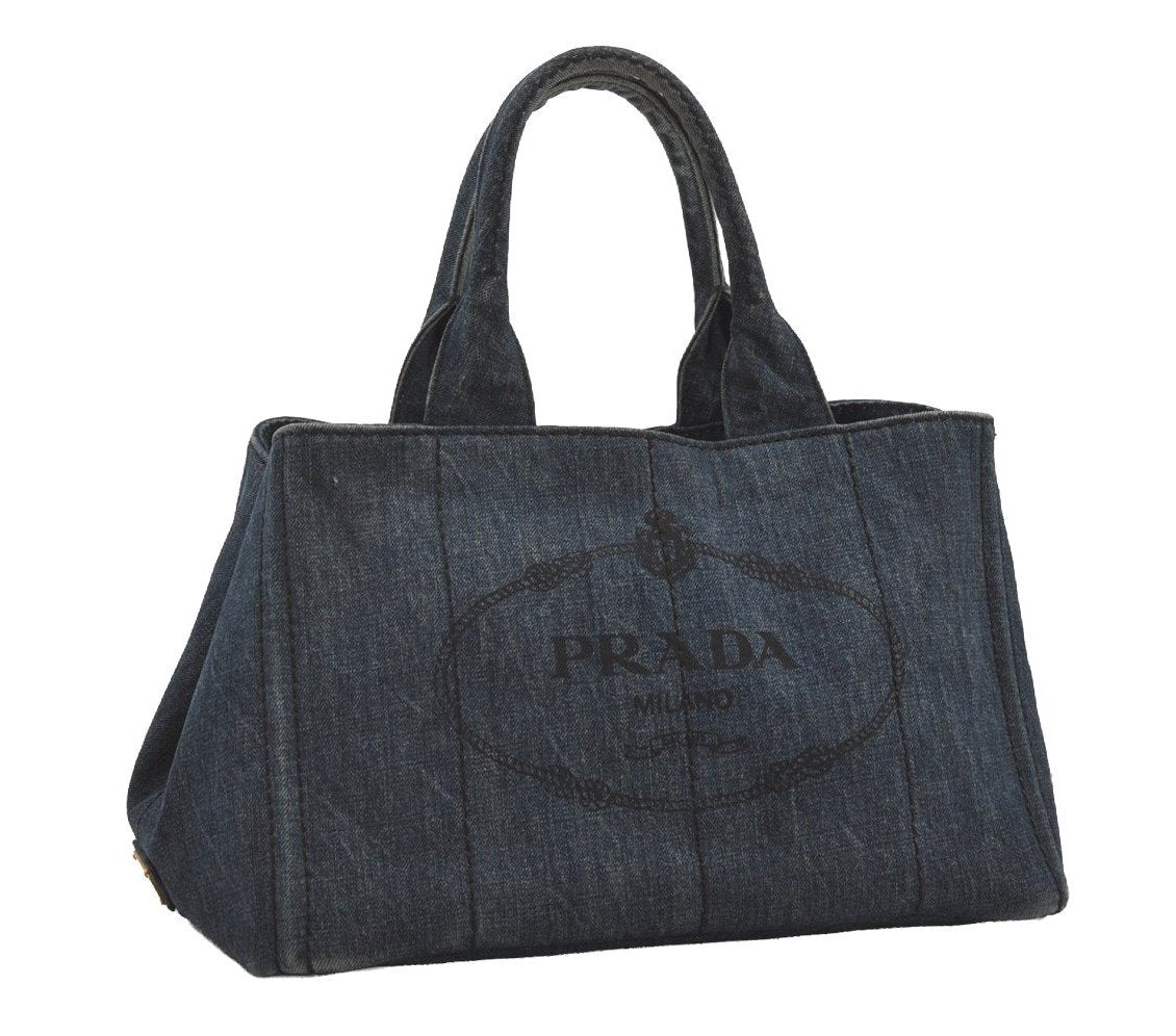 Authentic PRADA Vintage Canapa M Denim Tote Hand Bag Blue 6273I