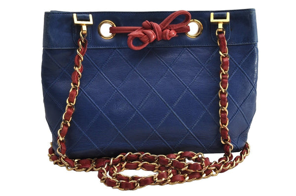 Authentic CHANEL Lamb Skin Bicolore CoCo Mark Chain Shoulder Bag Blue 6280I