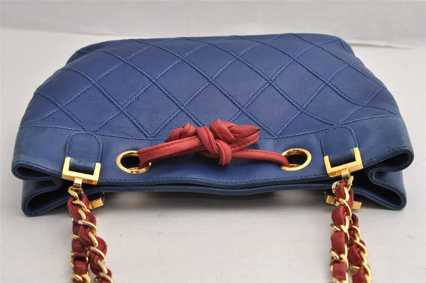 Authentic CHANEL Lamb Skin Bicolore CoCo Mark Chain Shoulder Bag Blue 6280I