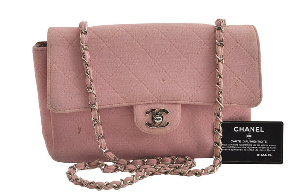 Authentic CHANEL Cotton Matelasse Chain Turnlock Shoulder Bag Pink CC 6282I