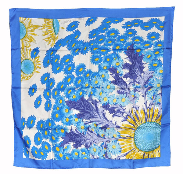 Authentic HERMES Carre 90 Scarf "FLEURS et CARLINES" Silk Blue 6290F