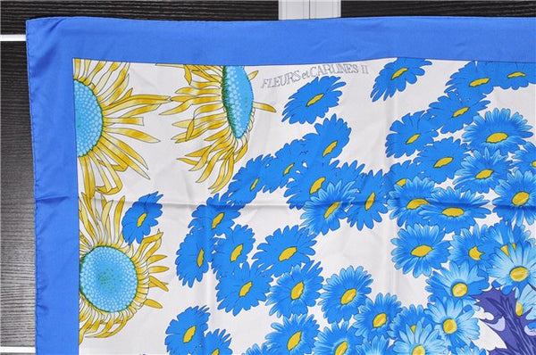 Authentic HERMES Carre 90 Scarf "FLEURS et CARLINES" Silk Blue 6290F