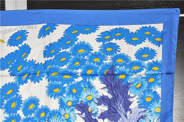 Authentic HERMES Carre 90 Scarf "FLEURS et CARLINES" Silk Blue 6290F