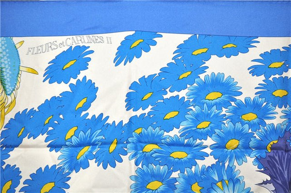 Authentic HERMES Carre 90 Scarf "FLEURS et CARLINES" Silk Blue 6290F