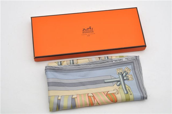 Auth HERMES Petit Carre 40 Scarf Handkerchief "Les Sangles" Silk Blue Box 6292F