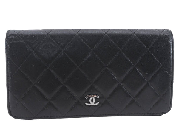 Authentic CHANEL Lamb Skin Matelasse Bifold Long Wallet Purse Black CC 6295D