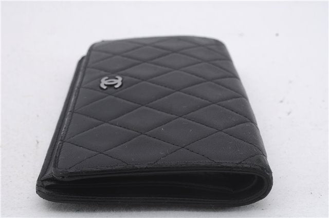 Authentic CHANEL Lamb Skin Matelasse Bifold Long Wallet Purse Black CC 6295D