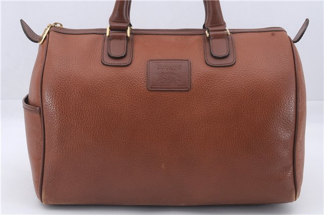 Authentic Burberrys Vintage Leather Hand Boston Bag Brown 6307D