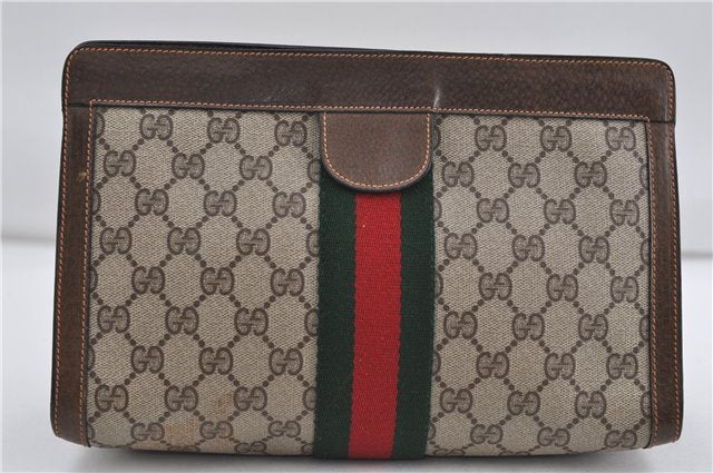 Authentic GUCCI Web Sherry Line Clutch Hand Bag Purse GG PVC Leather Brown 6309D