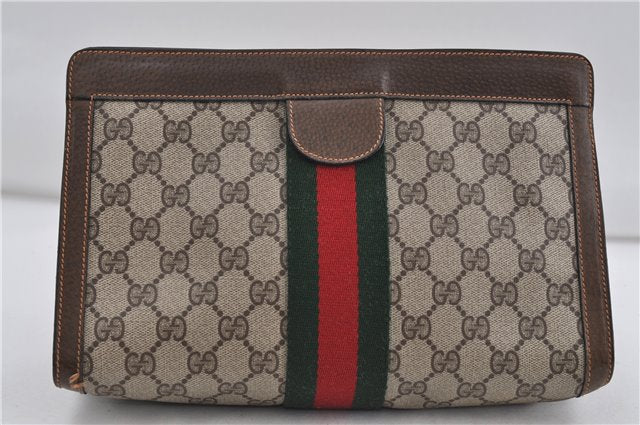 Authentic GUCCI Web Sherry Line Clutch Hand Bag Purse GG PVC Leather Brown 6309D