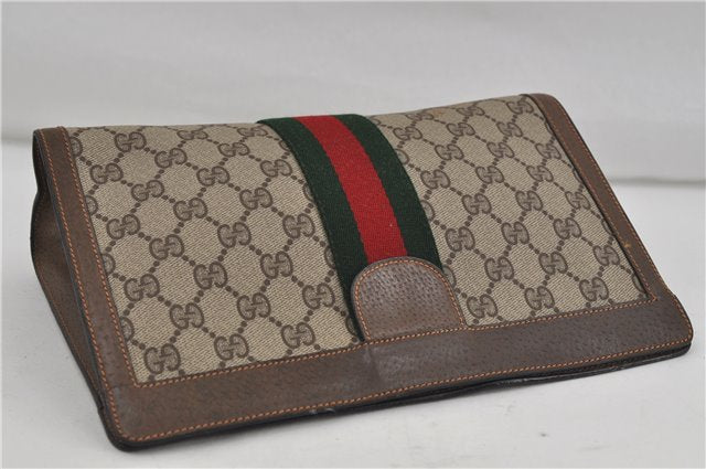 Authentic GUCCI Web Sherry Line Clutch Hand Bag Purse GG PVC Leather Brown 6309D